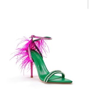 Pink and green feathered stiletto heel sandal
